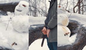 Femboy twink piss destroys snowman in the forest