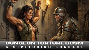Muscular hairy armpit female soldier is captured and subjected to BDSM bondage interrogation in a dungeon