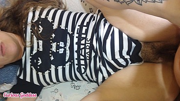 Curious Goddess - homemade hot wife in a dress without panties sitting with her ass in her husband's face swallowing his cock giving her pussy blowjob cum in mouth kissing with cum part 3