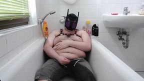 Fat dog pisses his pants.