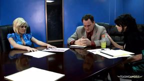 Busty brunette and blonde seduce their coworker into having an anal threesome in the office