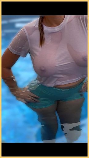 Wifey wet shirt in the pool with perfect braless tits