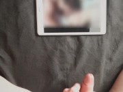 Guy jerks off watching porn and cums over the screen