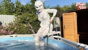 Shaving foam monster jumps in pool! Underwater jerks off!