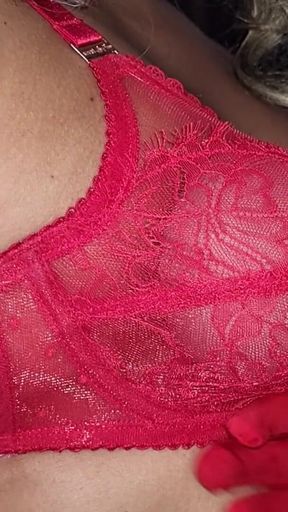Sensual Red Lace Bra, Spandex Gloves, Caressing My Round and Firm Tits