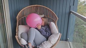 Cozy Balcony B2P Blow to pop Massive Pink Balloon Pop in Sweats