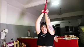 Submissive hottie bound and used in Shibari bondage at abandoned factory