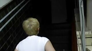 Short-haired kinkster dragged to bdsm room by 2 S and M