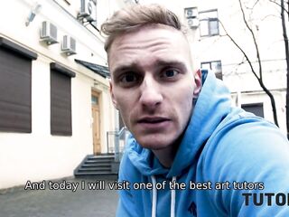 TUTOR4K. Sex with darksome-haired woman in nylons makes the dude love art