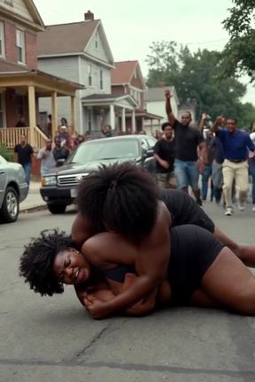 Wrestling couple with ripped clothes and black hair engage