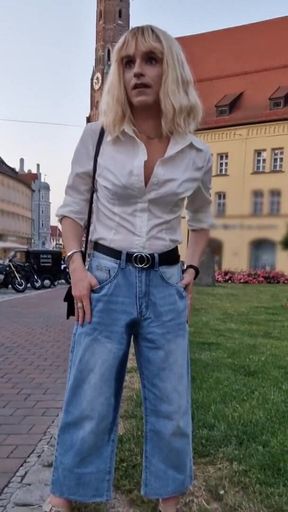 Public Wetting in the Middle of the City! Tranny Walking with Wet Jeans!