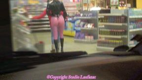 A latex-clad woman in pink leggings with stocking underneath visits gas station, masturbating large rubber dildo and pee in public REMASTERED