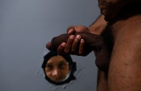 Fine man tries extra large black dick through the glory hole