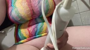 Rainbow Bodysuit Hitachi on Nipples and Pussy, Quick Cum