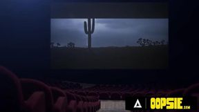 Three futanari friends accidentally expose their cocks in a crowded theater.