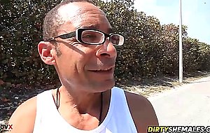Asian shemale fucks two monster cocks