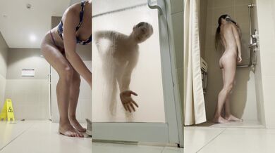 Exhibitionist Drenches Sweet Buttocks in Public Sauna Shower