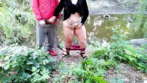 Hot mother-in-law pleases her wet slit and suckles her son-in-law's cock&#x1F32D; outside
