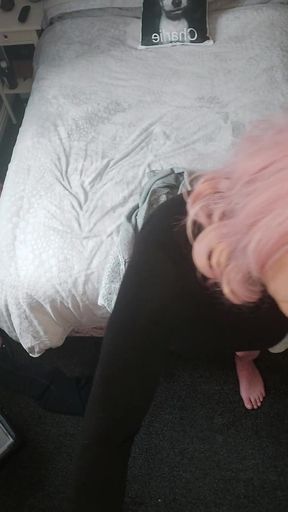 Key moment from "Juniper Berri UK crossdresser Sunday dildo fun"