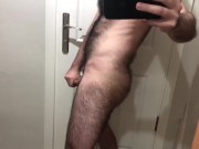 hairy man magnify cock in front of the mirror