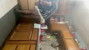 Sissy maid in pvc french maid dress does chores for pimp