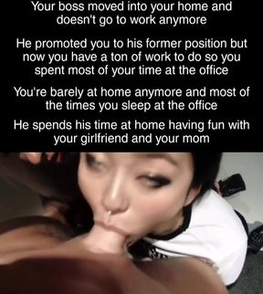 Busty boss enjoys a fantasy caption