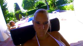 Busty blonde babe pounded by the pool