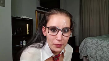 Nerdy girl in uniform giving me a sloppy blowjob and handjob until I dump my cum on her glasses