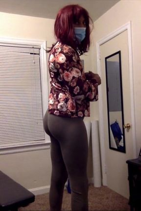 SweetCakes at home in gray spandex