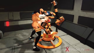 Sexy big tits young woman in cuffs gets fucked hard by cyber dickgirl in the prison