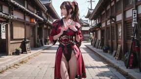 Crimson Samurai! Red-haired warrior kneeling in the sun, transitioning from silent grace to explosive sword strikes.