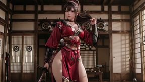 Crimson Samurai! Red-haired warrior kneeling in the sun, transitioning from silent grace to explosive sword strikes.