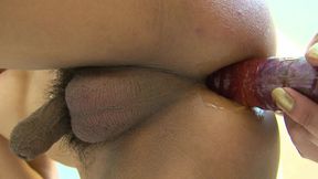 Thai shemale Alice with unshaven cock in the bathroom plays with sex toys