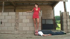 2 Girls Take Turns Head Trampling On The Concrete Floor In Heels
