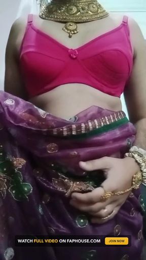 Indian Gay Crossdresser Bottom Gaurisissy Pressing and Playing with Her Big Boobs in Purple Saree with Heavy Jwellery