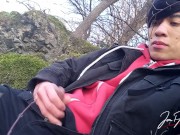 Gay Asian twink Jon Arteen wanks outdoor winter risky, ruined orgasm, big cumshot cleans sperm thigh