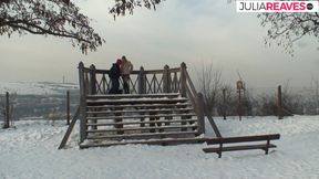 Sexy redhead rides a hard cock out in the cold snow