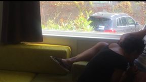 Camping risky public blowjob in front of an open window