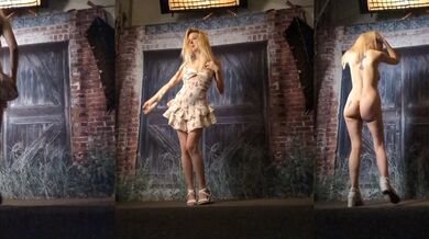 Blonde model undresses in the studio POV fetish photoshoot
