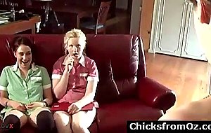 Aussie girls and teacher strip for lesbian fun