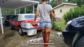 Jane Domino Painting Her Mustang Bumper in Booty Shorts & Thigh High Boots