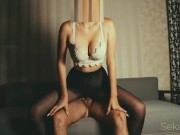 Sex with a beautiful girl in black pantyhose using a banana and first anal penetration
