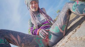 Outdoors get pounded by tat-titted tattooed dude, dreadhead hippie chick on all fours