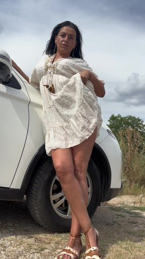 White Dress in the Wind - Teasing Legs, Ass & a Naughty Peek