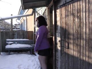 A sexy vagina pees on the Christmas snow. A rock hard stream of golden urine in the yard.