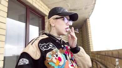 Blonde teen smokes and burps outdoors raw