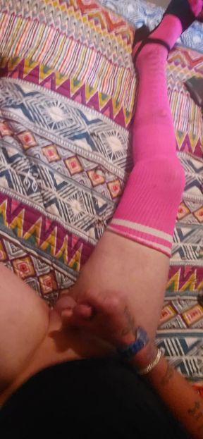 Sissy crossdresser riding dildo an stroking cock