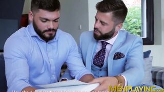 Hardcore fucking with two office dudes wearing a suit each