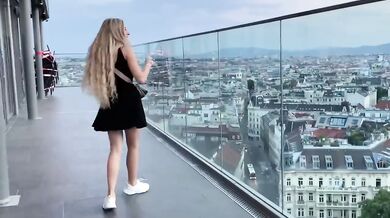 Blonde teen shows off tight pussy in public then gets filled with big cock in risky street creampie