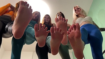 Group POV Foot Domination Party With Five Goddesses - Sock Smelling, Feet Worship, Trample